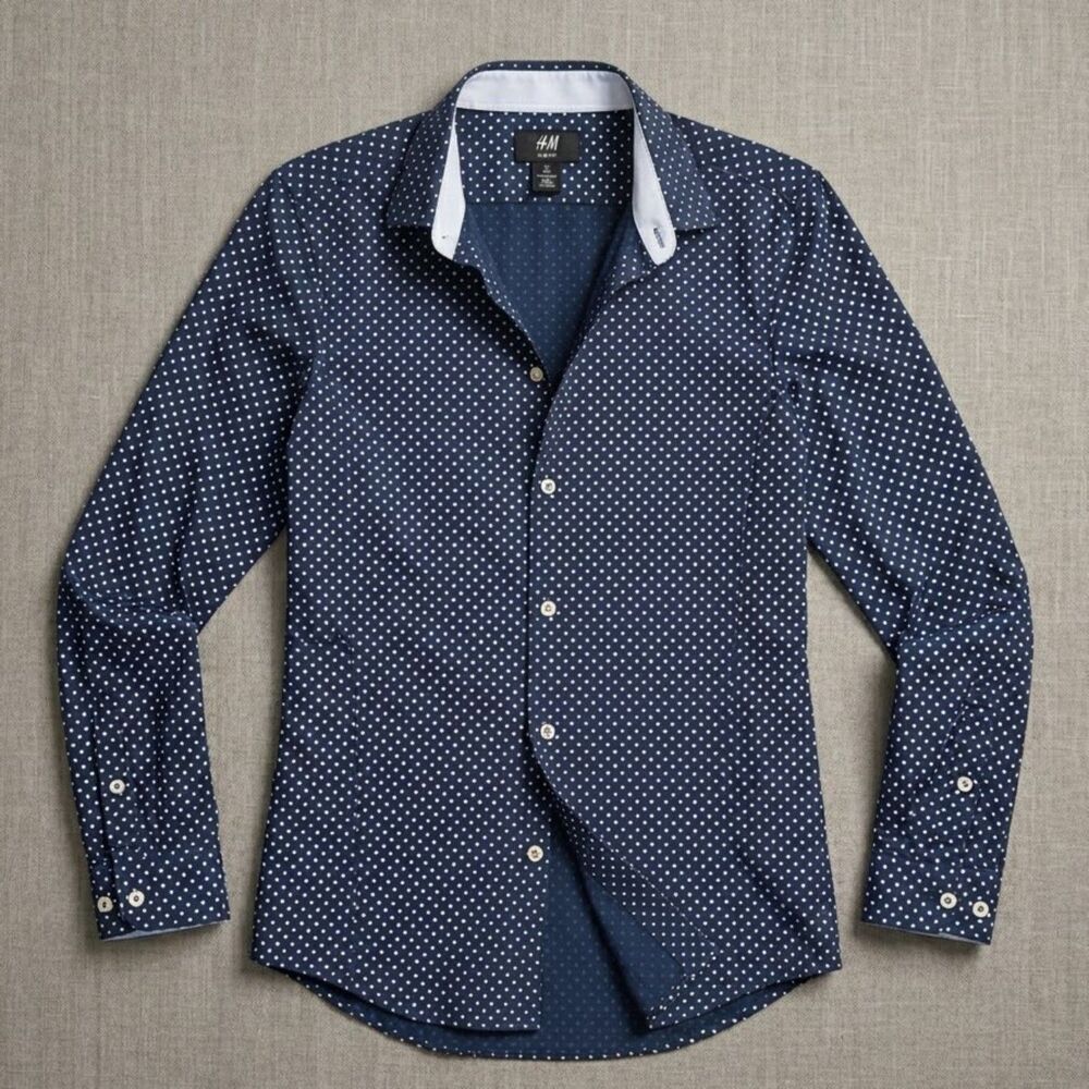 H&M Slim Fit Wrinkle Free Dot Button Up Shirt XS Navy White